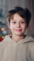 Handsome smiling boy in beige hoodie smiling to camera. Dark-haired teenager posing at the blurred backdrop of Christmas tree indoors. Vertical video