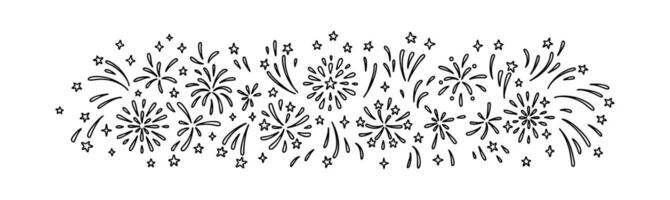 Doodle firework background. Happy New Year eve and Merry Christmas festive hand drawn pattern. Firecracker rocket explosion in the sky. Glitter, star, sparks, twinkle, confetti party border vector