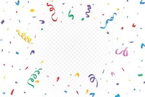 Colorful confetti and ribbon frame design and party elements. Birthday party and festival celebration tinsel and foil paper. Multicolor confetti backdrop decoration. vector