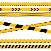 Seven different types of warning tapes with attention black and yellow print. Set of horizontal and crossed danger tapes are isolated on a white background. Danger, warning, caution, and police tapes. vector