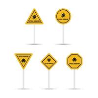 Optical radiation warning road signs are isolated on a white background. Danger, Caution and Warning Radiation zone billboard. Five different shapes of radiation icons. Signs of danger and alerts. vector