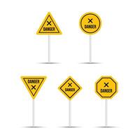Realistic yellow danger road signs are isolated on a white background. Multiple shaped highway billboard design. Danger sign and icon collection. Five different shapes of cross icons. vector