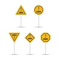 Yellow color danger and caution road signs are isolated on a white background. Multiple shaped billboard signs design. exclamatory icon collection. Five different shapes of danger icons. vector