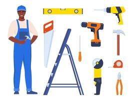 Repairman or mechanic and collection of tools. Black man character in uniform with set of professional instruments. illustration. vector