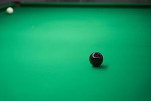 A Detailed CloseUp View of a Black Ball Resting on a Luxurious Green Billiard Table photo