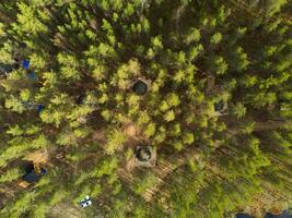 A Stunning Aerial View of a Lush Forest Surrounded by Cozy Cabins in a Natural Setting photo