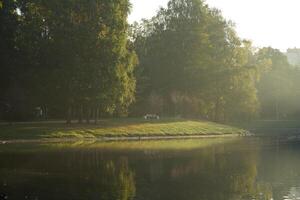 A Tranquil Morning at the Park with Beautiful Reflections on the Water Surface and Surroundings photo