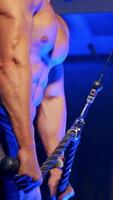 Bodybuilder in gym pumping up hands. Muscular man working out in gym, doing exercises at triceps. Vertical video