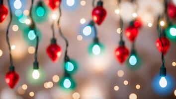 Christmas lights are hanging from a string photo