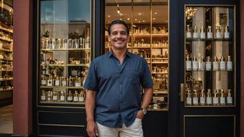 A man standing in front of a store with bottles of perfume photo