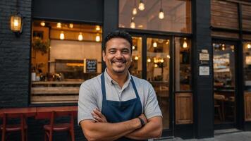 A smiling man standing outside of a restaurant photo