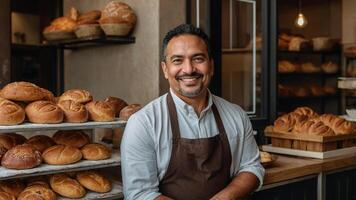 A smiling man in an apron standing in front of a bakery photo
