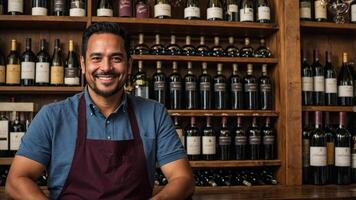 A man in a blue apron is smiling in front of a wine rack photo