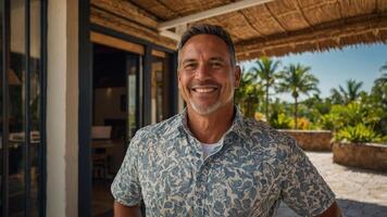 A man in a hawaiian shirt smiles at the camera photo