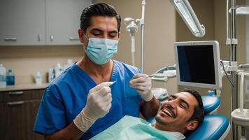 A man in a dental chair is smiling while a dentist is working on his teeth photo