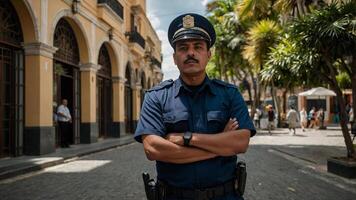 A police officer standing in front of a building photo