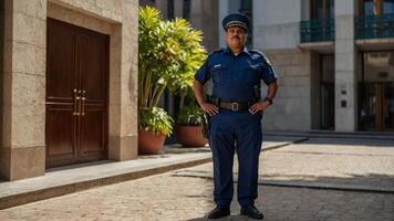 A man in a blue uniform standing in front of a building photo