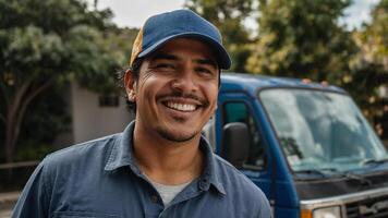 A smiling man in a blue shirt and cap standing in front of a van photo