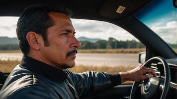 A man driving a car with a large field in the background photo