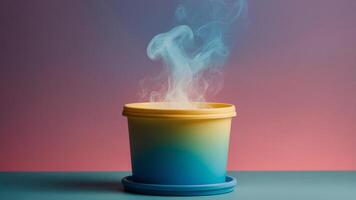 A colorful container with smoke coming out of it photo