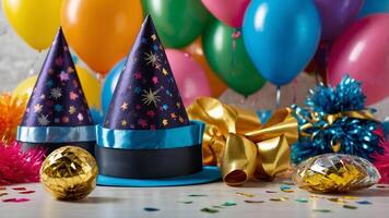 Party hats and balloons on a table photo