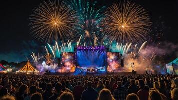 A large crowd at a music festival with fireworks photo