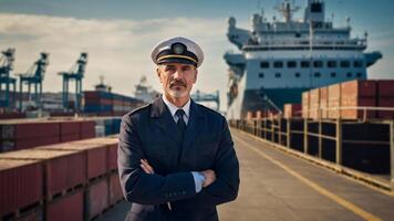 Port captain standing in front of container ship photo