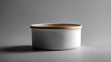 A white container with a wooden lid on a gray surface photo