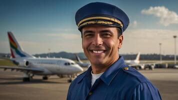 A smiling man in a uniform standing in front of an airplane photo