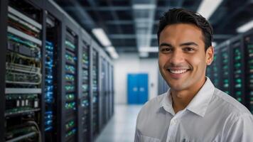 A smiling man in a server room photo