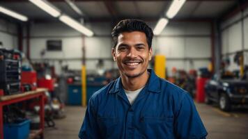 A smiling man in a blue shirt in a garage photo