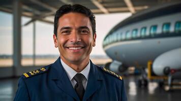 A man in uniform standing in front of an airplane photo
