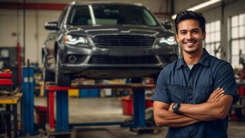 A smiling mechanic standing in front of a car photo