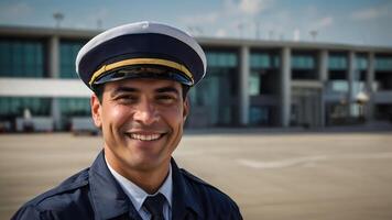 A smiling man in uniform standing in front of an airport photo