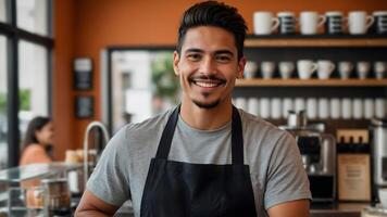 A smiling man in an apron standing in front of a coffee shop photo