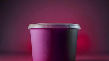 A purple plastic container with a lid on a red background photo
