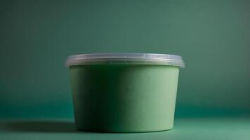 A green plastic container with a lid on a green background photo