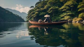 A man in a boat on the water with a mountain in the background photo