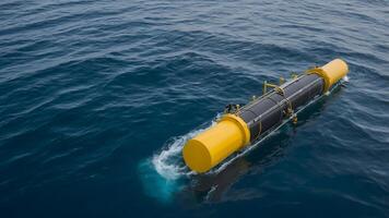 A yellow submarine floating in the ocean photo