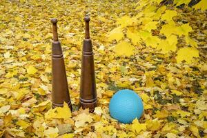 Couple of traditional wooden Persian meels and a slam ball in a backyard in fall scenery. photo