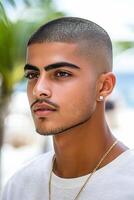 Buzz cut with sharp hairline showcasing bold style and clean edges in outdoor setting. photo