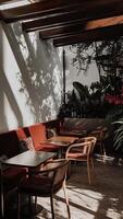 Cozy cafe corner with natural light and greenery in a tranquil atmosphere. photo