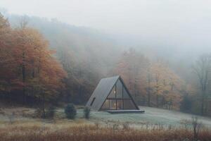 Modern triangular cabin nestled in a foggy forest surrounded by autumn foliage. photo