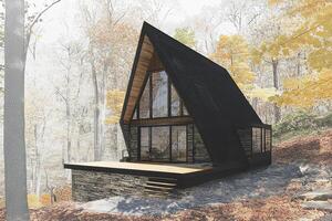 Modern two story triangular cabin blends into tranquil woods with striking architectural design. photo