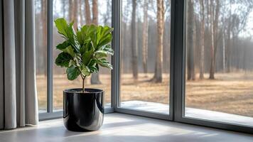 fiddle leaf fig plant in black ceramic pot by large window complementing minimalist decor. photo