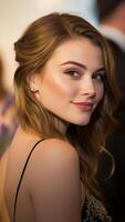 Elegant young woman smiling at an event with soft lighting and beautiful hairstyle. photo