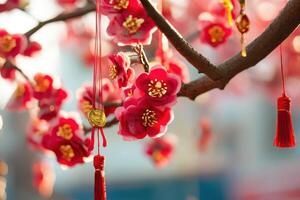 A red and gold flower with a tassel hanging from it photo