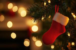 A red sock hanging from a christmas tree photo