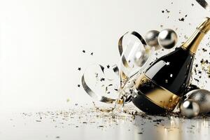 A champagne bottle and a gold and silver ball photo