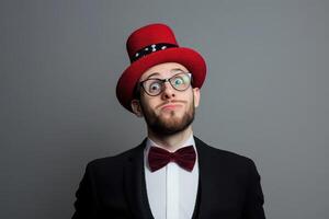 A man in a suit and bow tie with a red hat photo
